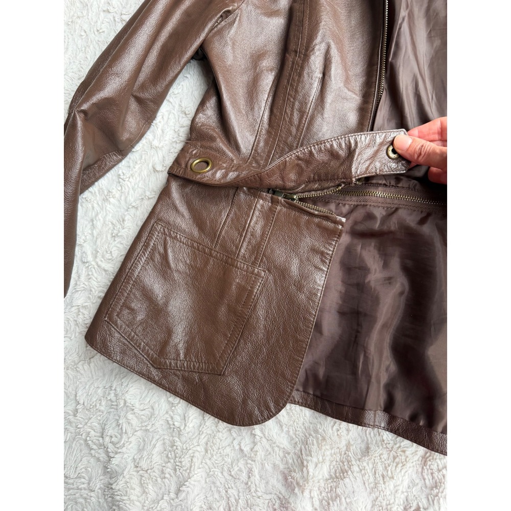 Newport News Leather Moto Jacket Brown Zip Front Vintage Y2K Convertible S - Picture 8 of 17